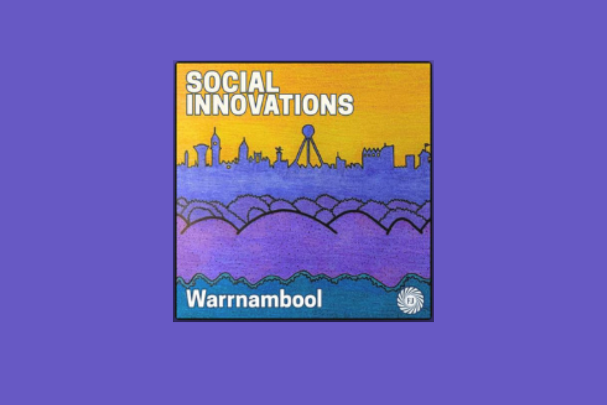 Colourful illustrated podcast cover showing a stylised Warrnambool skyline above rolling purple and blue hills.